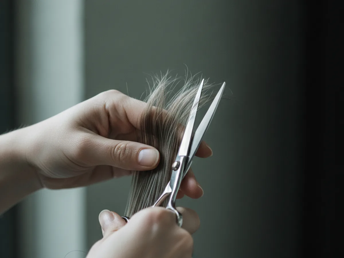 Nahaufnahme beim trockenen Schneiden der Haarspitzen